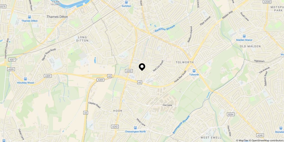 Approximate location of Ronelean Road, Surbiton, KT6 7LJ